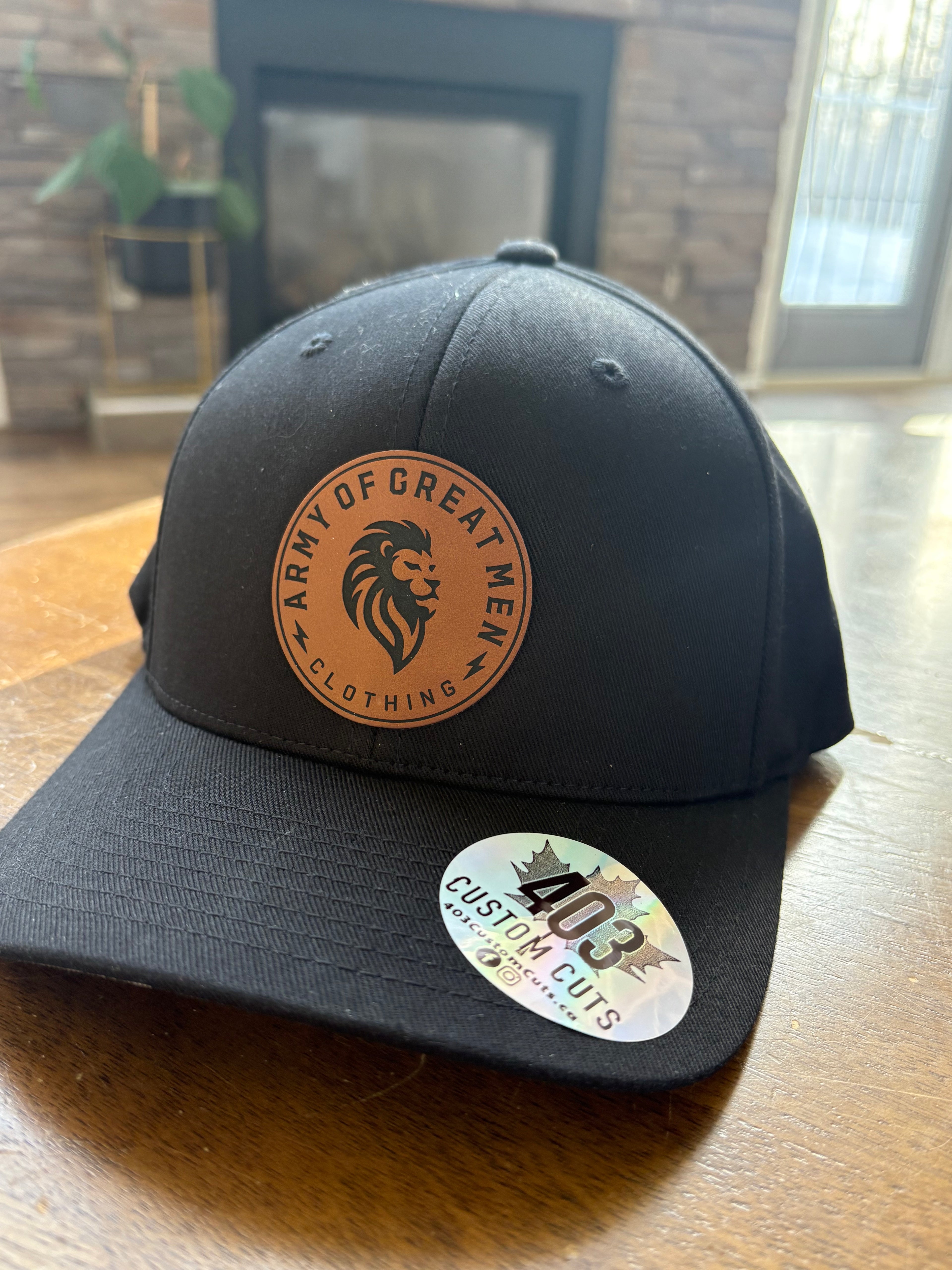 Large All-Black Flex-Fit Hat with Brown Leather Army of Great Men Patch